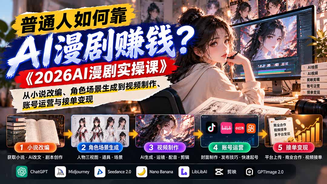 普通人如何靠AI漫剧赚钱？《2026AI漫剧实操课》从小说改编、角色场景生成到视频制作、账号运营与接单变现-87副业网 - 互联网副业项目资源分享平台