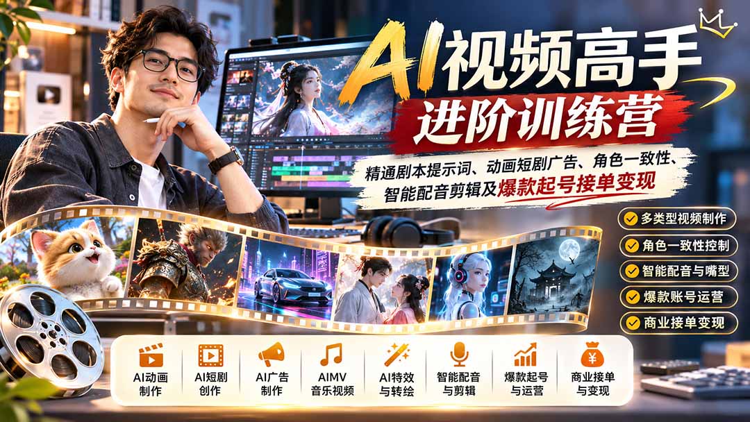 AI视频高手进阶训练营：精通剧本提示词、动画短剧广告、角色一致性、智能配音剪辑及爆款起号接单变现-87副业网 - 互联网副业项目资源分享平台