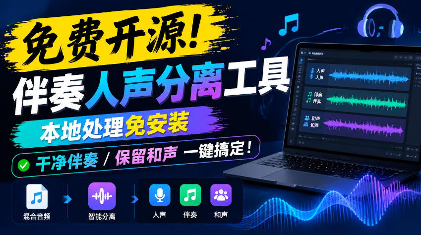 免费开源！伴奏人声分离工具，本地处理免安装，干净伴奏，保留和声一键搞定！-87副业网 - 互联网副业项目资源分享平台