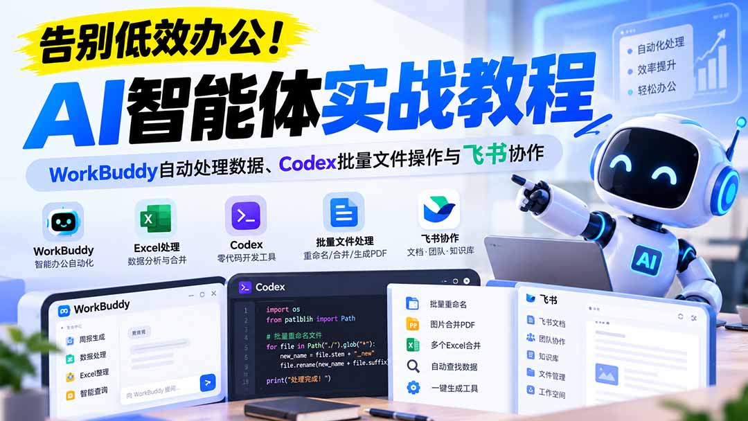 【无水印】告别低效办公!《AI智能体实战教程》WorkBuddy自动处理数据、Codex批量文件操作与飞书协作-87副业网 - 互联网副业项目资源分享平台