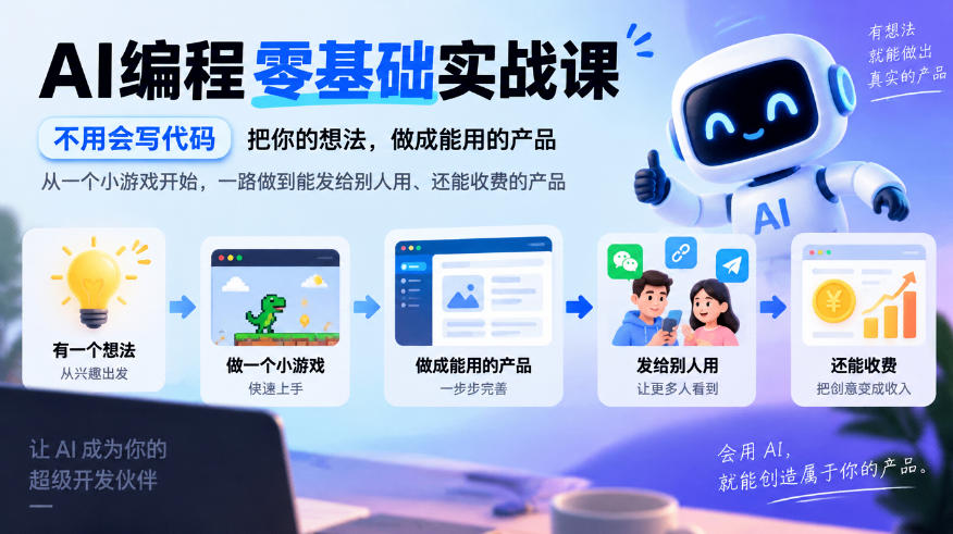 AI编程零基础实战课，不用会写代码，把你的想法，做成能用的产品，从一个小游戏开始，一路做到能发给别人用、还能收费的产品-87副业网 - 互联网副业项目资源分享平台