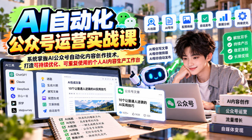 AI自动化公众号运营实战课，系统掌握AI公众号自动化内容创作技术，打造可持续优化、可重复使用的个人AI内容生产工作台-87副业网 - 互联网副业项目资源分享平台