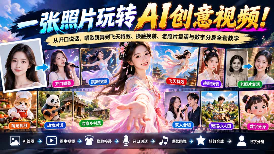 一张照片玩转AI创意视频！从开口说话、唱歌跳舞到飞天特效、换脸换装、老照片复活与数字分身全套教学-87副业网 - 互联网副业项目资源分享平台