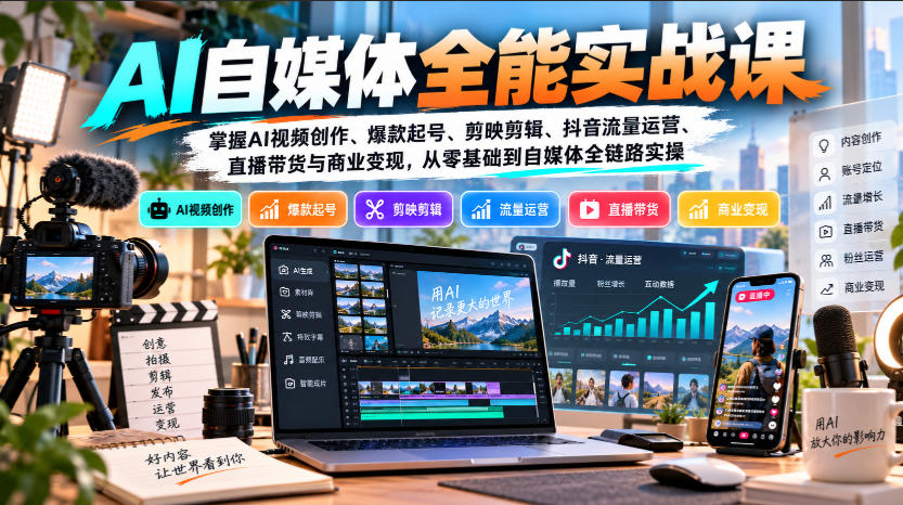 【无水印】AI自媒体全能实战课，掌握AI视频创作、爆款起号、剪映剪辑、抖音流量运营、直播带货与商业变现，从零基础到自媒体全链路实操-87副业网 - 互联网副业项目资源分享平台