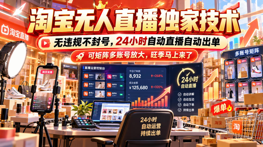 淘宝无人直播独家技术,无违规不封号,24小时自动直播自动出单,可矩阵多账号放大,旺季马上来了【揭秘】-87副业网 - 互联网副业项目资源分享平台