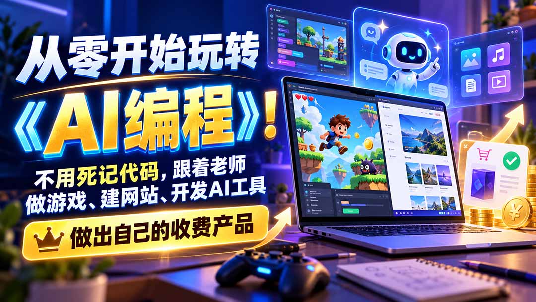 从零开始玩转《AI编程》!不用死记代码,跟着老师做游戏、建网站、开发AI工具,最后完成自己的收费产品-87副业网 - 互联网副业项目资源分享平台