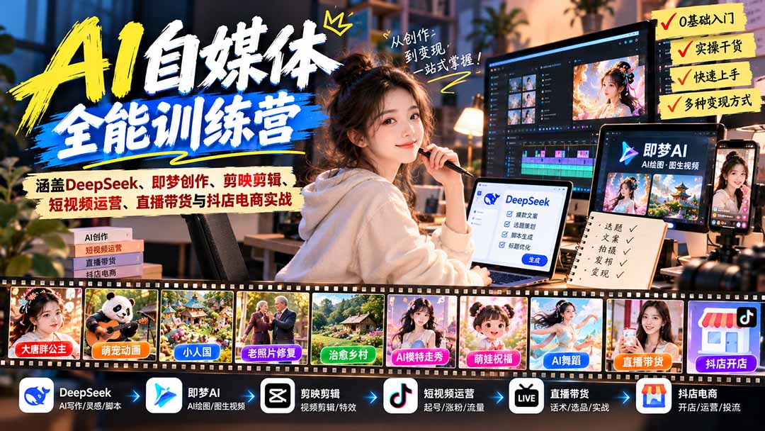 【无水印】AI+自媒体全能训练营：涵盖DeepSeek、即梦创作、剪映剪辑、短视频运营、直播带货与抖店电商实战-87副业网 - 互联网副业项目资源分享平台