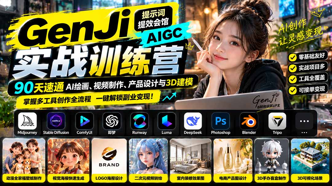 GenJi AIGC实战训练营:90天速通AI绘画、视频制作、产品设计与3D建模,掌握多工具创作全流程-87副业网 - 互联网副业项目资源分享平台