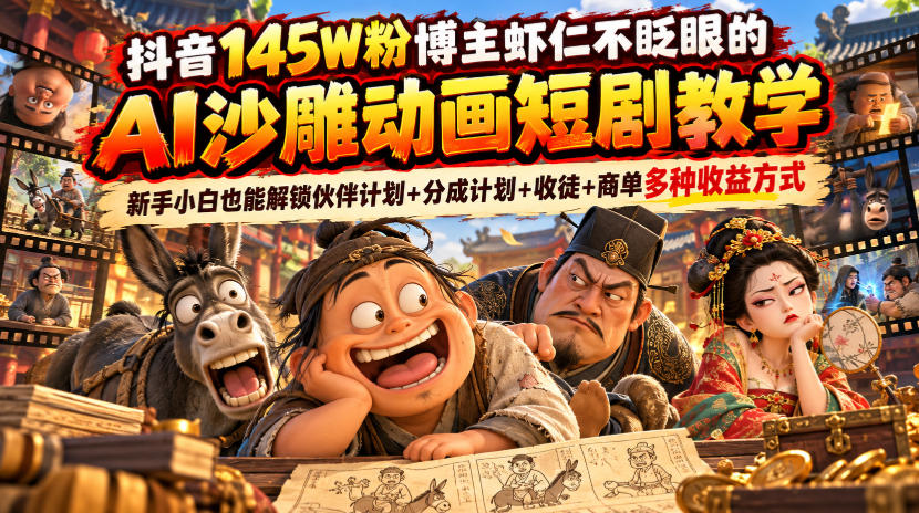 抖音145W粉博主虾仁不眨眼的AI沙雕动画短剧教学,新手小白也能解锁伙伴计划+分成计划+收徒+商单多种收益方式-87副业网 - 互联网副业项目资源分享平台