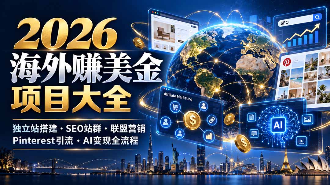 2026海外赚美金项目大全：独立站搭建、SEO站群、联盟营销、Pinterest引流与AI变现全流程-87副业网 - 互联网副业项目资源分享平台