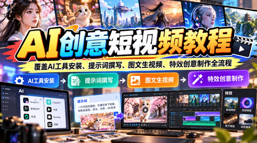 AI创意短视频教程，覆盖AI工具安装、提示词撰写、图文生视频、特效创意制作全流程-87副业网 - 互联网副业项目资源分享平台
