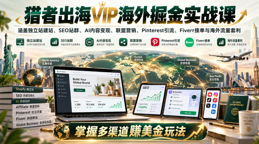 猎者出海VIP海外掘金实战课：涵盖独立站、SEO站群、AI变现、联盟营销、Pinterest引流、Fiverr接单与海外流量套利，掌握多渠道賺美金玩法-87副业网 - 互联网副业项目资源分享平台