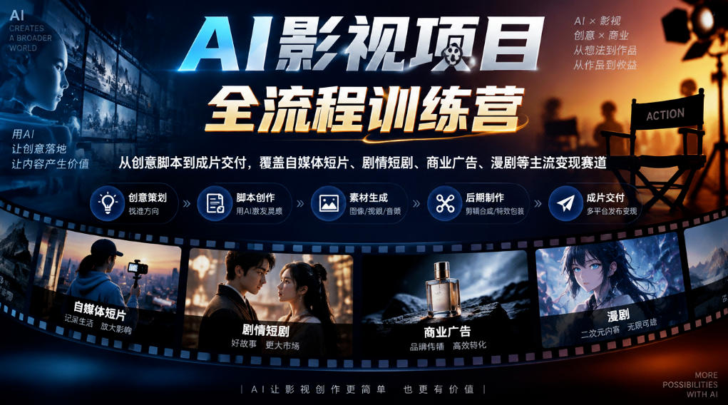 AI影视项目全流程训练营，从创意脚本到成片交付，覆盖自媒体短片、剧情短剧、商业广告、漫剧等主流变现赛道-87副业网 - 互联网副业项目资源分享平台