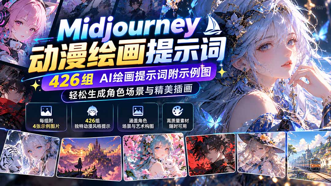 Midjourney动漫绘画提示词：426组AI绘画提示词附示例图，轻松生成角色场景与精美插画-87副业网 - 互联网副业项目资源分享平台