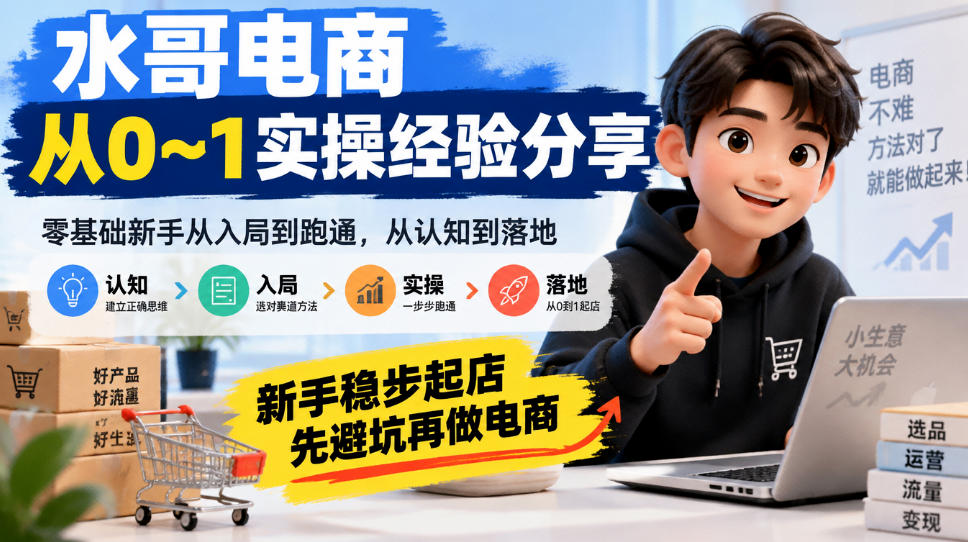 水哥电商从0~1实操经验分享，​零基础新手从入局到跑通，从认知到落地，新手稳步起店，先避坑再做电商-87副业网 - 互联网副业项目资源分享平台