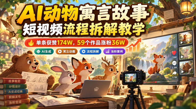 AI动物寓言故事短视频流程拆解教学，单条获赞174W，59个作品涨粉36W-87副业网 - 互联网副业项目资源分享平台