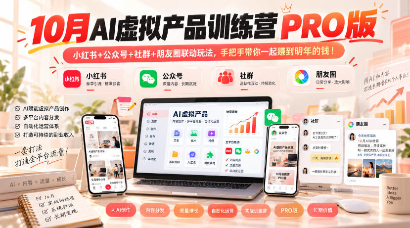 10月AI虚拟产品训练营PRO版,小红书+公众号+社群+朋友圈联动玩法,手把手带你一起赚到明年的钱!(更新1029)-87副业网 - 互联网副业项目资源分享平台
