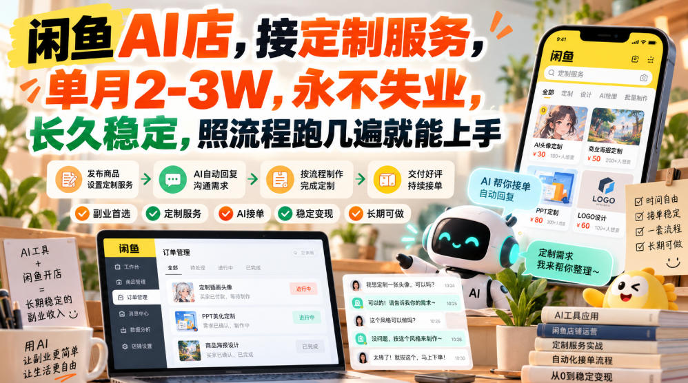 闲鱼AI店，接定制服务，单月2-3W，永不失业，长久稳定，照流程跑几遍就能上手-87副业网 - 互联网副业项目资源分享平台