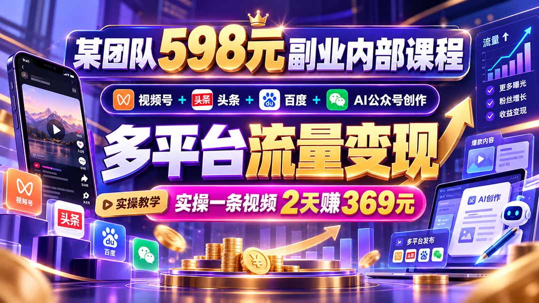 某团队598元副业内部课程：视频号+头条+百度+AI公众号创作、多平台流量变现，实操一条视频2天赚369元-87副业网 - 互联网副业项目资源分享平台
