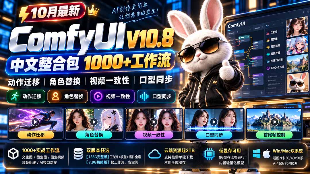 10月最新ComfyUI V10.8中文整合包 1000+工作流 动作迁移 角色替换 视频一致性 口型同步 低显存可用-87副业网 - 互联网副业项目资源分享平台