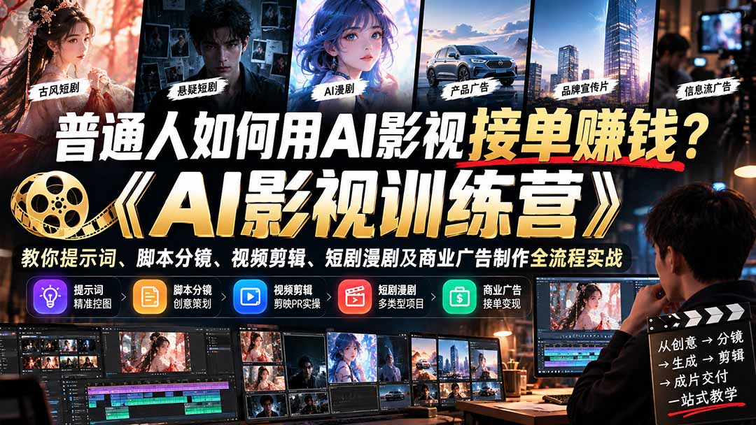 普通人如何用AI影视接单赚钱？《AI影视训练营》教你提示词、脚本分镜、视频剪辑、短剧漫剧及商业广告制作全流程实战-87副业网 - 互联网副业项目资源分享平台