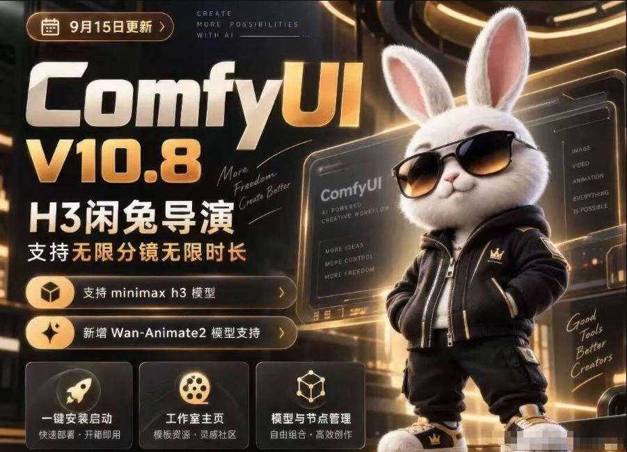 ComfyUI V10.8中文整合包，H3闲兔导演，支持无限分镜无限时长，1000+工作流，动作迁移，角色替换，视频一致性，口型同步，低显存可用-87副业网 - 互联网副业项目资源分享平台