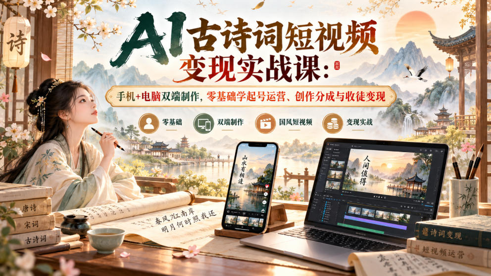 AI古诗词短视频变现实战课：手机+电脑双端制作，零基础学起号运营、创作分成与收徒变现-87副业网 - 互联网副业项目资源分享平台