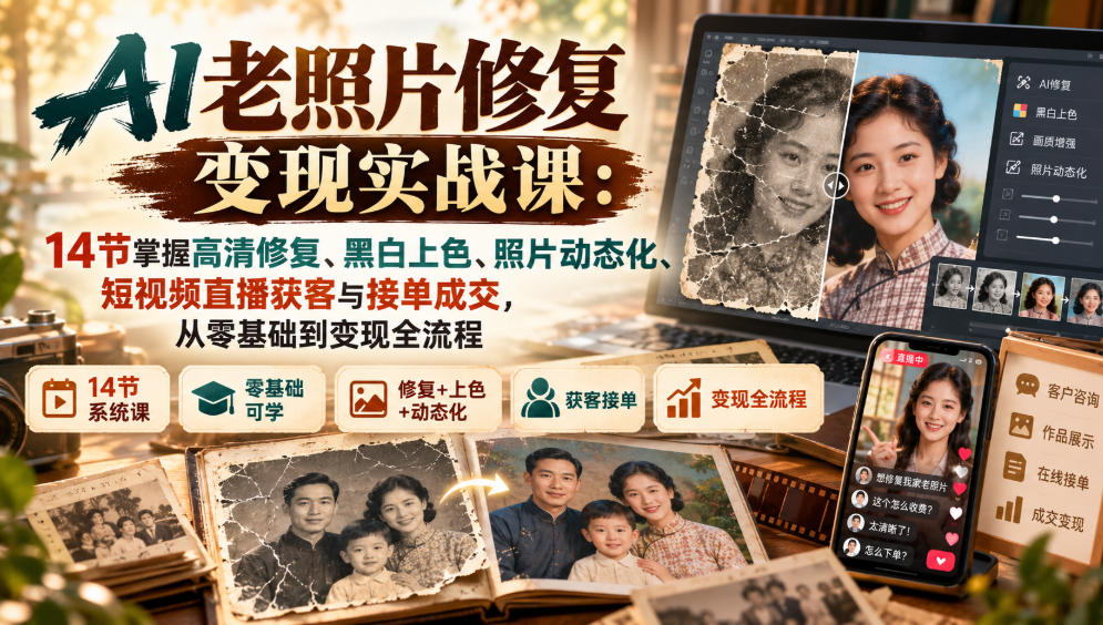 AI老照片修复变现实战课：14节掌握高清修复、黑白上色、照片动态化、短视频直播获客与接单成交，从零基础到变现全流程-87副业网 - 互联网副业项目资源分享平台