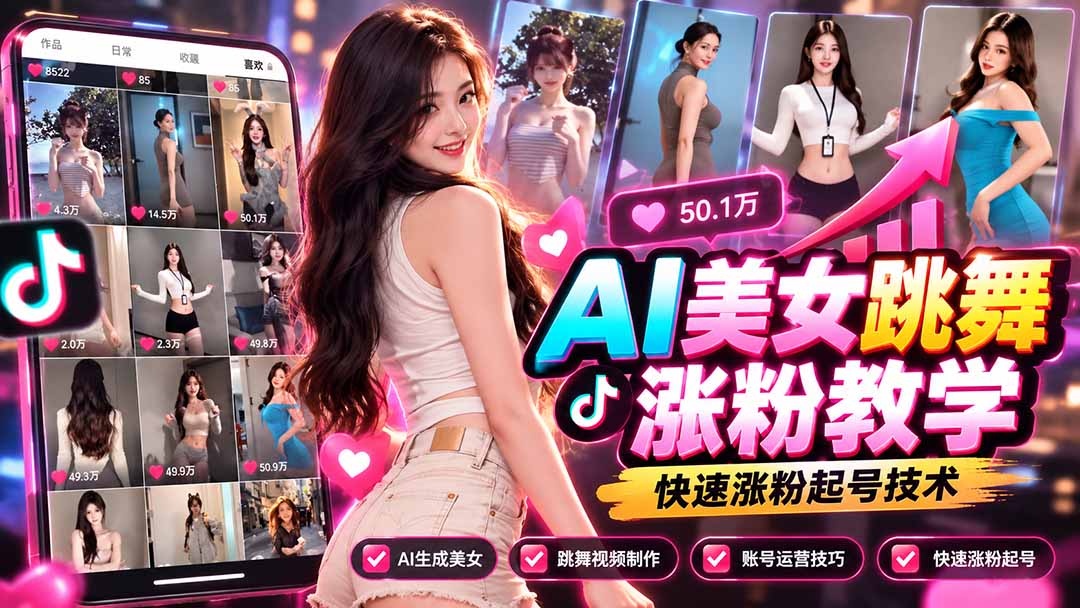 AI美女跳舞涨粉教学，AI生成美女，跳舞视频制作，账号运营与快速起号涨粉-87副业网 - 互联网副业项目资源分享平台