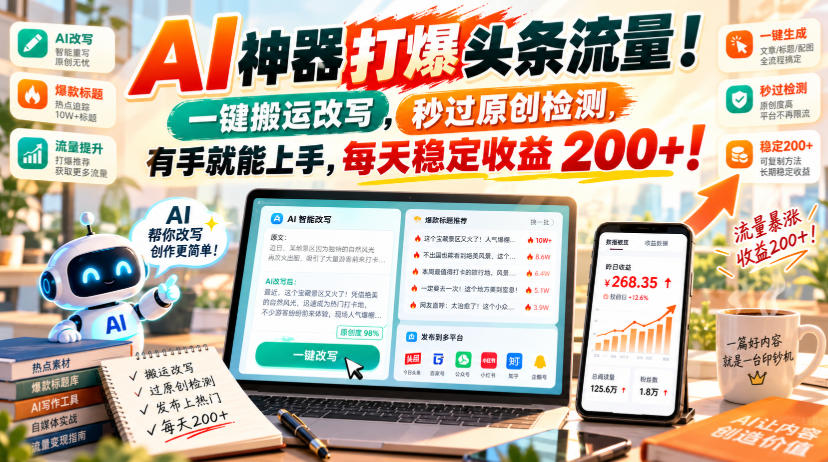AI神器打爆头条流量，一键搬运改写，秒过原创检测，有手就能上手，每天稳定收益200+！【揭秘】-87副业网 - 互联网副业项目资源分享平台