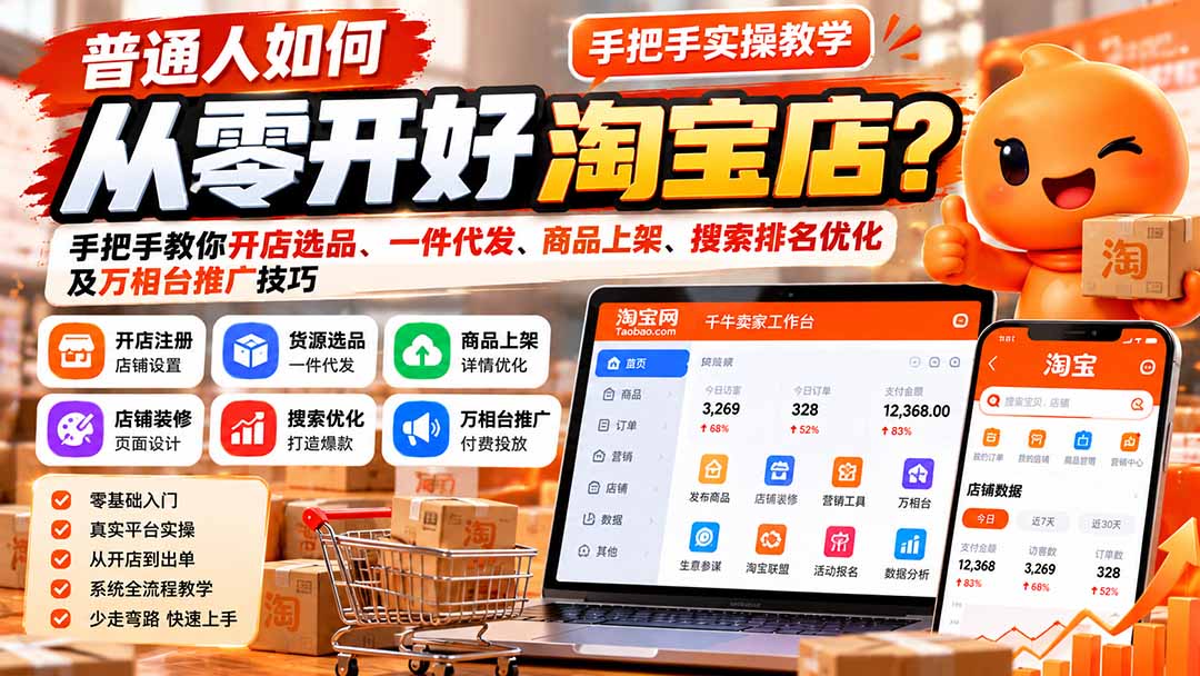 普通人如何从零开好淘宝店?手把手教你开店选品、一件代发、商品上架、搜索排名优化及万相台推广技巧-87副业网 - 互联网副业项目资源分享平台