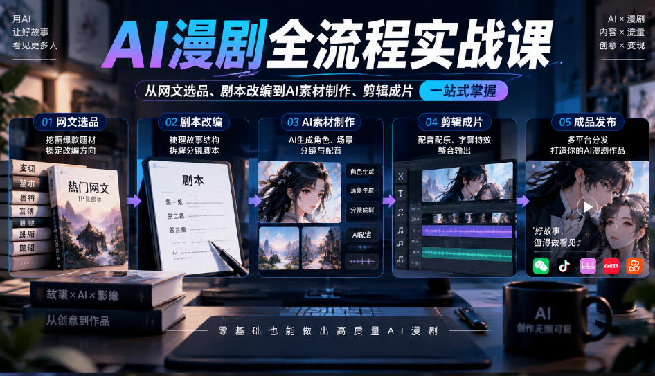 AI漫剧全流程实战课，覆盖从网文选品、剧本改编到AI素材制作、剪辑成片的完整链路-87副业网 - 互联网副业项目资源分享平台