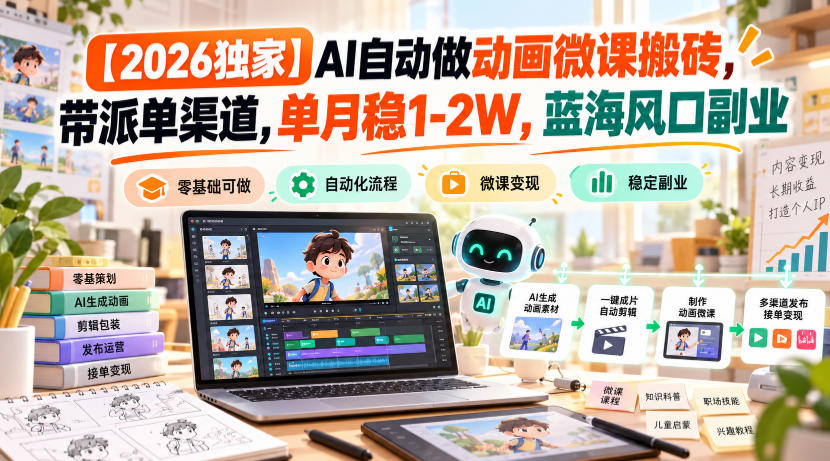 【2026独家】AI自动做动画微课搬砖,带派单渠道,单月稳1-2W,蓝海风口副业【揭秘】-87副业网 - 互联网副业项目资源分享平台