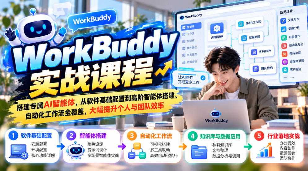 WorkBuddy实战课程,搭建专属AI智能体,从软件基础配置到高阶智能体搭建、自动化工作流全覆盖,大幅提升个人与团队效率-87副业网 - 互联网副业项目资源分享平台