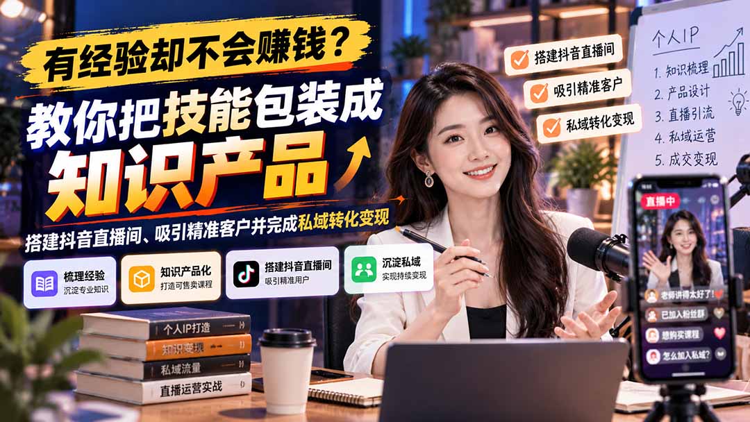 有经验却不会赚钱?教你把技能包装成知识产品,搭建抖音直播间、吸引精准客户并完成私域转化变现-87副业网 - 互联网副业项目资源分享平台