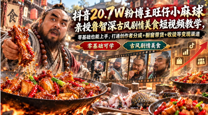 抖音20.7W粉博主旺仔小麻球亲授鲁智深古风剧情美食短视频教学,零基础也能上手,打通创作者分成+橱窗带货+收徒等变现渠道-87副业网 - 互联网副业项目资源分享平台