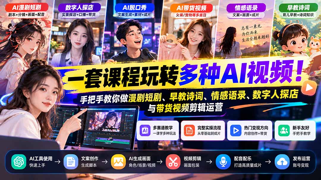 【无水印】一套课程玩转多种AI视频！手把手教你做漫剧短剧、早教诗词、情感语录、数字人探店与带货视频剪辑运营-87副业网 - 互联网副业项目资源分享平台