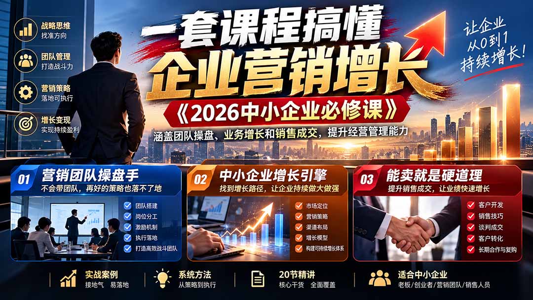 一套课程搞懂企业营销增长《2026中小企业必修课》涵盖团队操盘、业务增长和销售成交,提升经营管理能力-87副业网 - 互联网副业项目资源分享平台