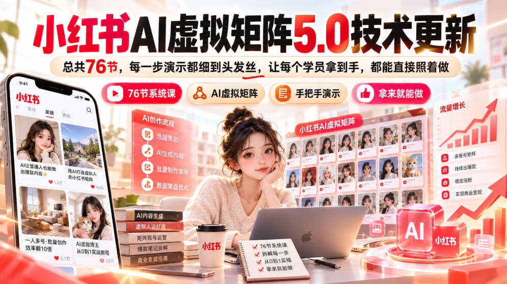 小红书AI虚拟矩阵5.0技术更新，总共76节，每一步演示都细到头发丝，让每个学员拿到手，都能直接照着做-87副业网 - 互联网副业项目资源分享平台