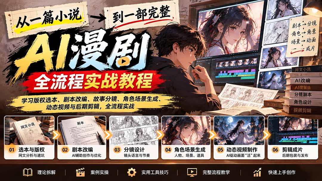 从一篇小说到一部完整AI漫剧：学习版权选本、剧本改编、故事分镜、角色场景生成、动态视频与后期剪辑-87副业网 - 互联网副业项目资源分享平台