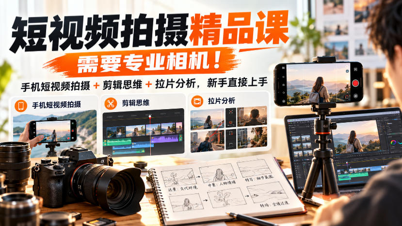 短视频拍摄精品课,需要专业相机!手机短视频拍摄+剪辑思维+拉片分析,新手直接上手-87副业网 - 互联网副业项目资源分享平台