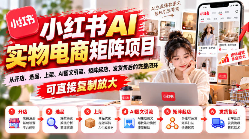 小红书AI实物电商矩阵项目，从开店、选品、上架、AI图文引流、矩阵起店、发货售后的完整闭环，可直接复制放大 - 87副业网