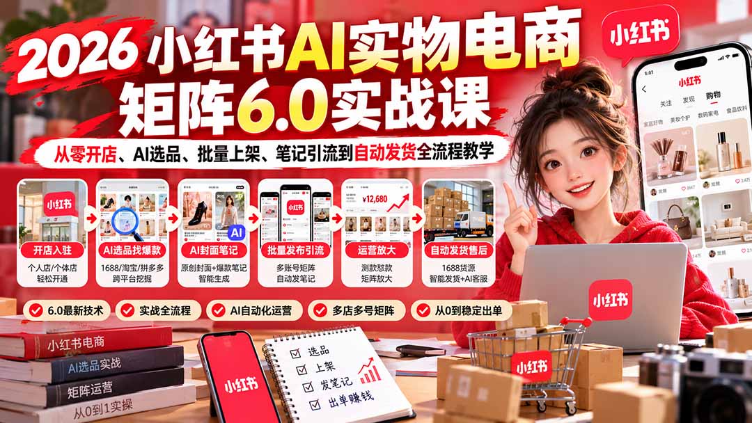 2026小红书AI实物电商矩阵6.0实战课：从零开店、AI选品、批量上架、笔记引流到自动发货全流程教学-87副业网 - 互联网副业项目资源分享平台