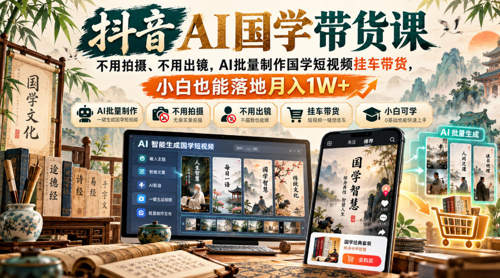 抖音AI国学带货课,不用拍摄、不用出镜,AI批量制作国学短视频挂车带货,小白也能落地月入1W+-87副业网 - 互联网副业项目资源分享平台