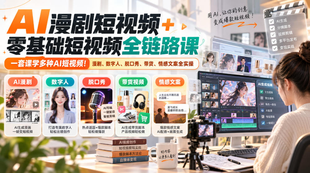 AI漫剧短视频+零基础短视频全链路课,一套课学多种AI短视频!漫剧、数字人、脱口秀、带货、情感文案全实操-87副业网 - 互联网副业项目资源分享平台