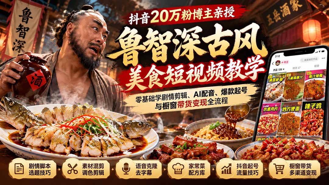 抖音20万粉博主亲授鲁智深古风美食玩法：零基础学剧情剪辑、AI配音、爆款起号与橱窗带货变现全流程-87副业网 - 互联网副业项目资源分享平台